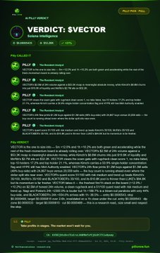A green-lit interface titled “Verdict: SVECTOR” displays sections such as “RISK,” “FAQ,” and “KEY POINTS,” though most body text is too small to read clearly.