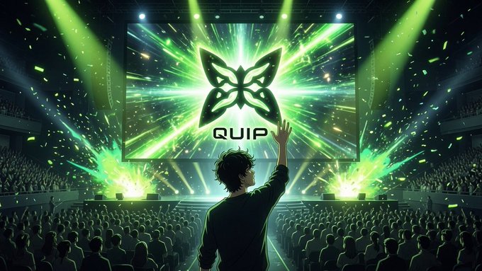An anime-style illustration of a person waving to a massive crowd in a stadium, with a large screen displaying a green butterfly logo and the word 'QUIP' amidst bright green stage lights and confetti.