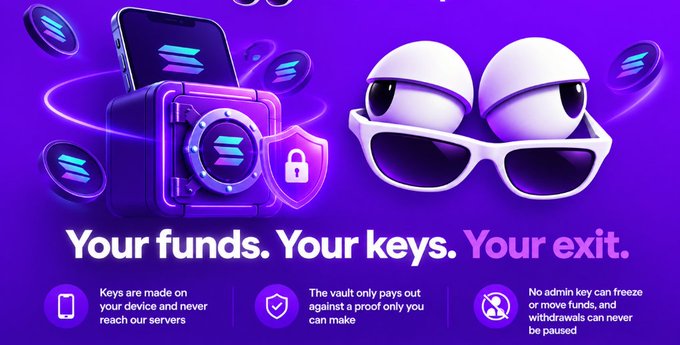 Solana-themed promotional graphic featuring a vault and cartoon eyes with sunglasses, advertising 'Your funds. Your keys. Your exit.' with focus on self-custody.