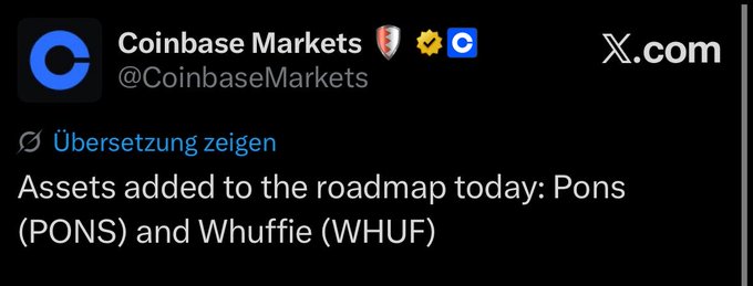 A screenshot of a Coinbase Markets tweet announcing new roadmap additions: PONS (Pons) and WHUF (Whuffie). The accompanying "bottom was in" caption suggests optimism that these newly listed altcoins may have hit their price floor and are poised for recovery.