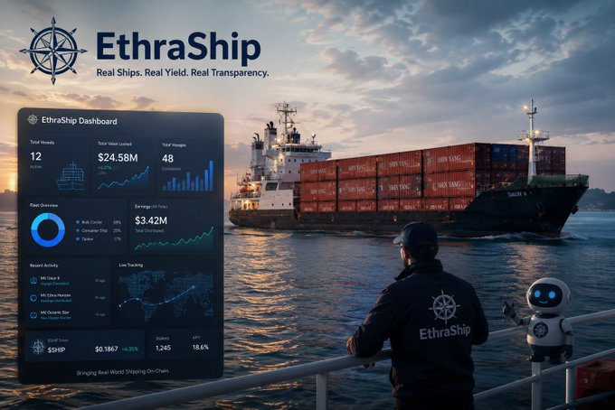 Promotional image for EthraShip ('Real Ships. Real Yield. Real Transparency') showing a person and robot watching a container ship at sea, with a dashboard displaying fleet metrics like 12 Total Vessels, $24.58M Total Value Locked, and $3.42M Earnings.