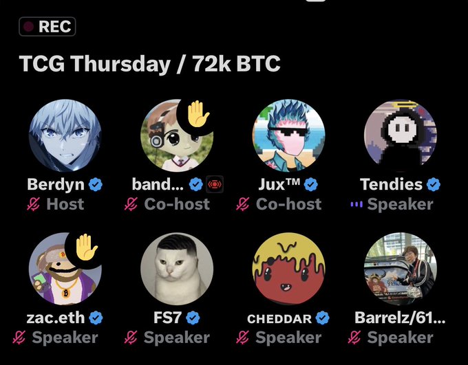 A recording screen displays a Twitter Spaces lineup titled "TCG Thursday / 72k BTC," featuring host Berdyn, co-hosts band... and Jux™, and speakers Tendies, zac.eth, FS7, CHEDDAR, and Barrelz/61.... The raised hand emoji (✋) appears next to band... and zac.eth, indicating they are speakers with their hands raised to engage, supporting the post "Hands up @banditxbt."