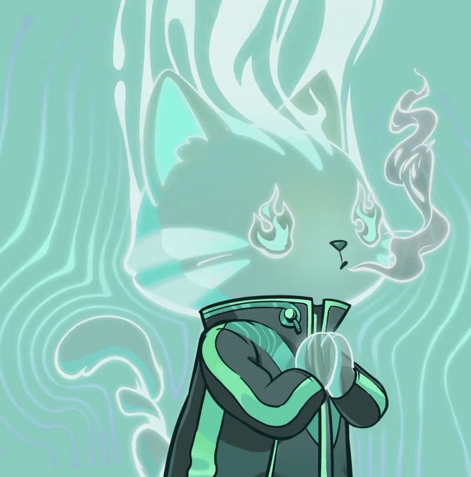 A digital illustration depicts a figure in a green and black robe with arms crossed, overlaid with a translucent, ethereal cyan-blue cat-like spirit (resembling a "Hypurr" NFT) surrounded by flowing flames and ghostly tendrils, visually representing the valuable feline NFT being celebrated in the post.