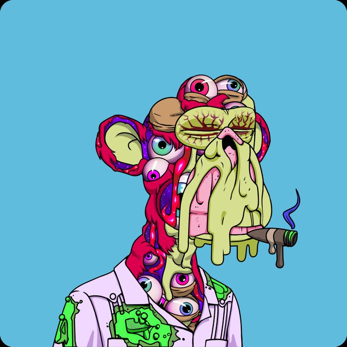 A grotesque cartoon illustration of a mutated figure with multiple eyes, a cigar, and green slime dripping from its face against a blue background.