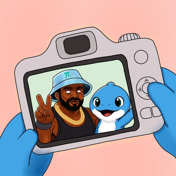 A cartoon illustration of a camera held by blue hands, displaying a photo of a man wearing a pi-symbol bucket hat and gold chain posing with a smiling blue dolphin.