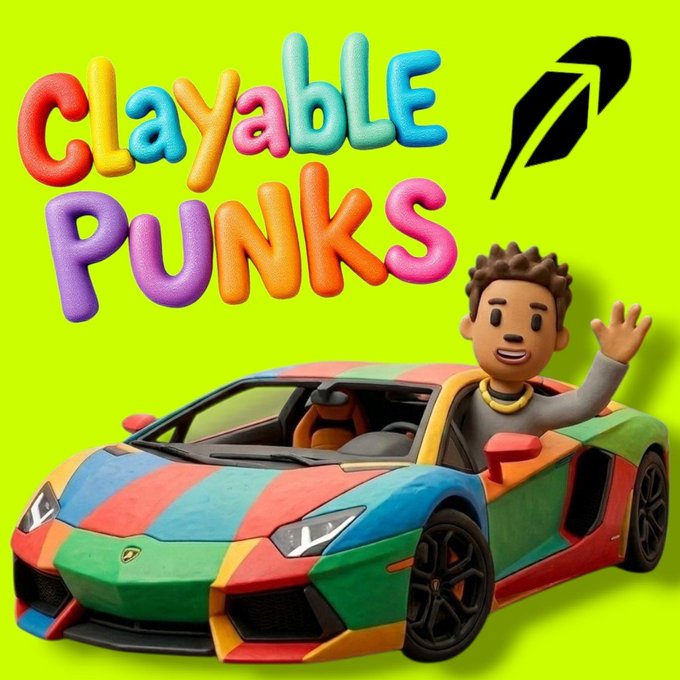 A digital illustration titled 'Clayable Punks' shows a clay-like 3D character with brown spiky hair waving from the driver's seat of a multicolored sports car on a bright green background.