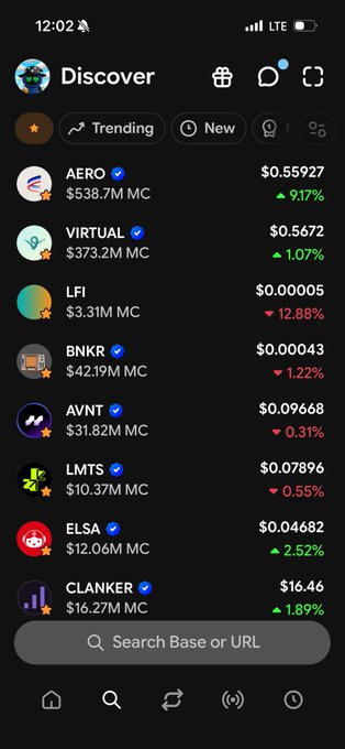 A mobile app screenshot of Base's Discover tab shows trending tokens including AERO ($538.7M MC, +9.17%), VIRTUAL ($373.2M MC, +1.07%), LFI, BNKR, AVNT, LMTS, ELSA, and CLANKER.