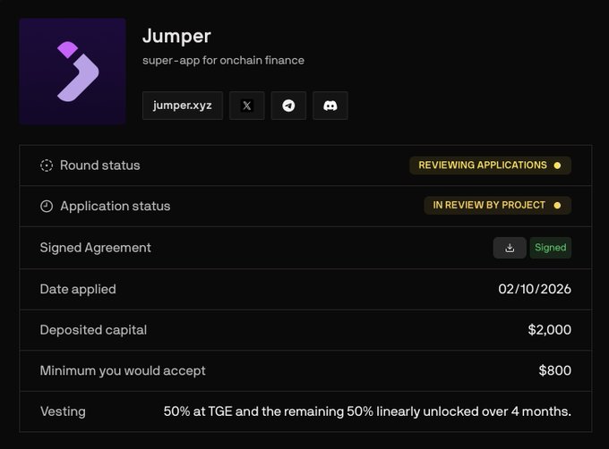 A dashboard for 'Jumper' (jumper.xyz), described as a 'super-app for onchain finance', showing 'REVIEWING APPLICATIONS' status, an application date of 02/10/2026, deposited capital of $2,000, and minimum acceptance of $800.