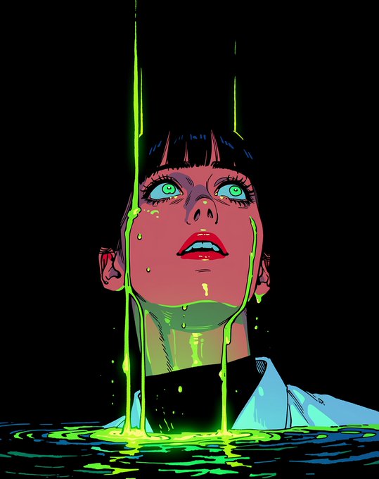 The image features a woman with green eyes looking up at something above her head, which appears to be a stream of neon green liquid falling from the sky. The background is black, making the colors of the woman's face stand out even more. The caption below the image reads "GM & SOLD! Thanks so muh fam, you made me happy!" and mentions that the post was created by @totherootz.