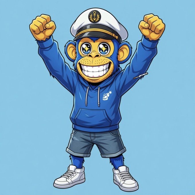 A cartoon illustration of a blue monkey wearing a captain's hat, blue hoodie, shorts, and white sneakers, with arms raised in a cheering pose and starry eyes.