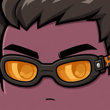 A cartoon close-up portrait of a character with brown hair, thick eyebrows, and orange-tinted goggles against a pink background.