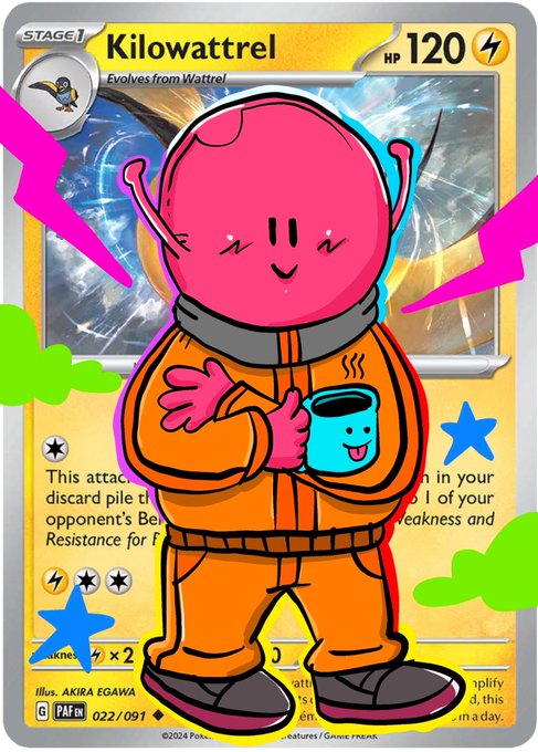 A Pokémon trading card featuring Kilowattrel (HP 120, 022/091) overlaid with a cartoon drawing of a pink-headed character in an orange tracksuit holding a smiling blue mug.