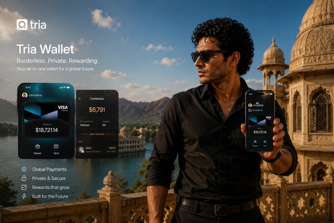 The image features a man standing next to two cell phones, one of which has a wallet app displayed on its screen. The man appears to be holding up both cell phones for comparison or demonstration purposes. The background includes a cityscape with buildings and water, suggesting that they are in an urban setting near the waterfront. The post about Tria Wallet is related to this scene as it promotes the use of Tria's wallet app for managing digital assets like crypto and fiat currency.