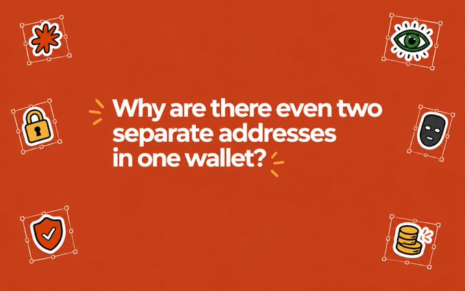 An orange graphic with the central text 'Why are there even two separate addresses in one wallet?' surrounded by six illustrated icons including a flower, lock, shield, eye, mask, and coins.