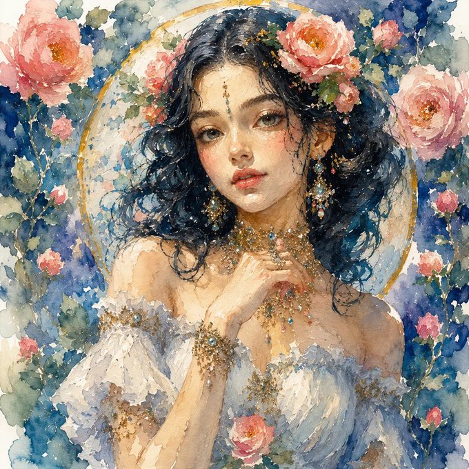 A watercolor painting of a woman with dark hair adorned with pink roses, wearing a white off-shoulder dress and ornate gold jewelry, surrounded by a floral backdrop.
