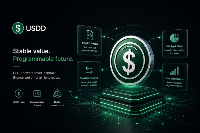 A promotional graphic for USDD cryptocurrency with the tagline 'Stable value. Programmable future.', highlighting features like Smart Contracts, DeFi Applications, Seamless Transfers, and On-Chain Markets.