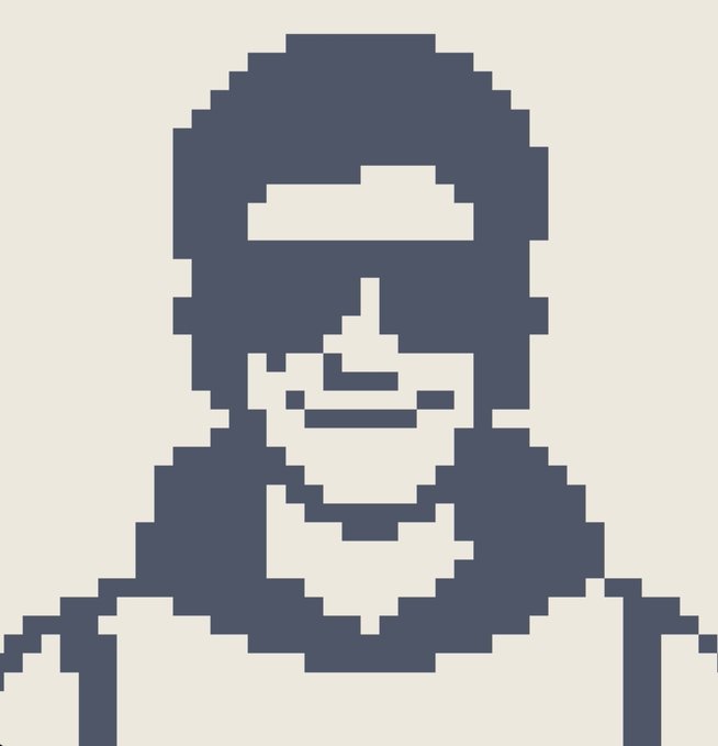 A minimalist pixel-art portrait of a person wearing a cap and dark sunglasses, rendered in solid dark blue-gray blocks against a light beige background.