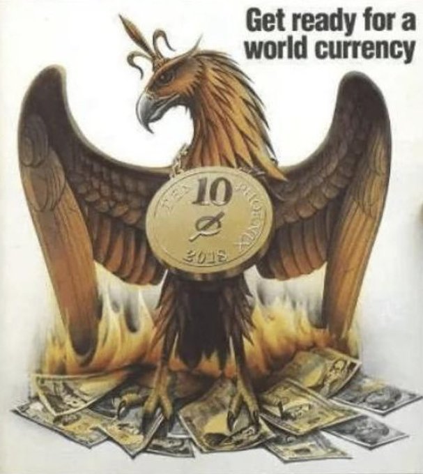 The image features an illustration of a golden eagle, which is depicted with wings spread wide open. The eagle is holding a gold coin in its beak, and there are stacks of money surrounding the bird. The background of the image is white, providing contrast to the golden eagle and the money. In the bottom right corner of the image, there's text that reads "Get ready for a world currency".