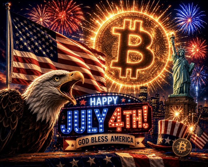 A festive Fourth of July graphic featuring a bald eagle, American flag, Statue of Liberty, Bitcoin symbol, fireworks, and the text 'HAPPY JULY 4TH! GOD BLESS AMERICA'.