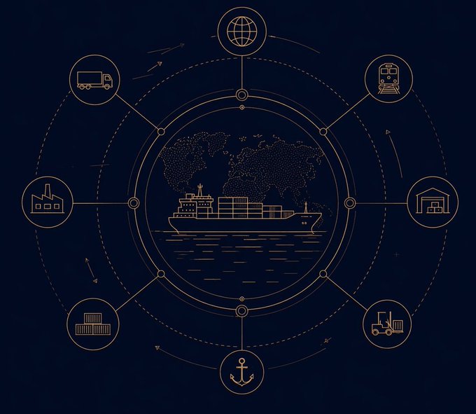 A dark blue infographic showing a central container ship with a world map, surrounded by eight circular icons depicting a globe, train, warehouse, forklift, anchor, factory, truck, and airplane, connected by orbital lines representing global logistics and shipping.