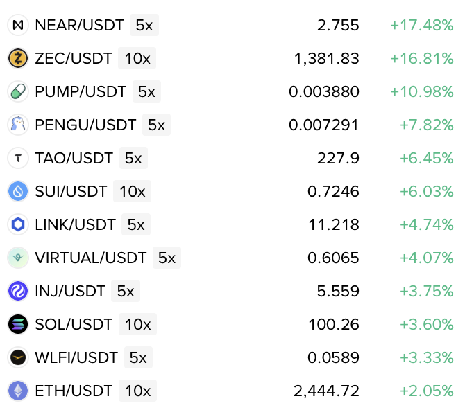 A cryptocurrency trading interface displays 13 USDT pairs showing significant gains, with NEAR/USDT leading at +17.48% (5x leverage, 2.755), followed by ZEC/USDT (+16.81%) and PUMP/USDT (+10.98%). The all-green percentage column visually reinforces the post's message that "DIPS ARE FOR BUYING," suggesting the user profited by purchasing these assets during price dips.