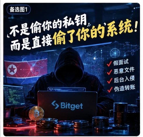 A hooded hacker sits at a Bitget-branded laptop with cryptocurrency coins in the foreground, alongside a North Korean flag and Chinese text reading "不是偷你的私钥，而是直接偷了你的系统！" (Translation: "Not stealing your private keys, but directly stealing your entire system!"). A checklist on the right lists tactics including "假面试" (fake interviews), "恶意文件" (malicious files), "后台入侵" (backend intrusions), and "伪造转账" (forged transfers), illustrating the sophisticated attack methods behind the recent Bitget hot wallet exploit.