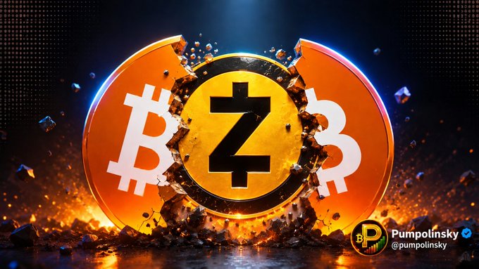 Dramatic 3D-rendered graphic showing Zcash (ZEC) logo bursting through a Bitcoin symbol with fire and sparks, credited to 'Pumpolinsky @pumpolinsky'.