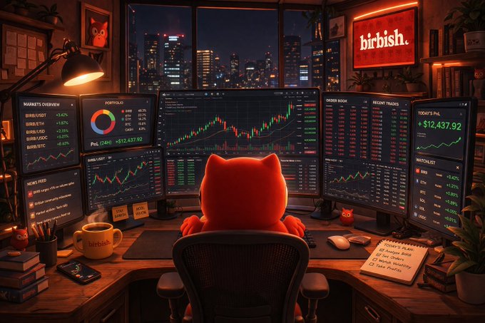 A red cat-like character sits at a multi-monitor trading desk displaying charts for BIRB/USD (+3.47%), BIRB/SOL, BIRB/ETH, and a portfolio value of $12,437.92, with a "birbish" logo on the wall—visually capturing the post's message of a $BIRB breakout across the Moonbirds, Mythics, and Oddities collections.