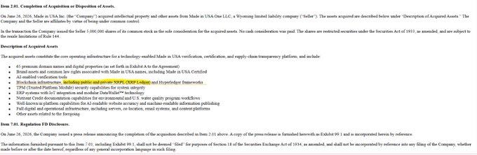 The image shows a Form 8-K filing dated June 26, 2026, announcing Item 2.01 completion of Made in USA Inc.'s acquisition of core operating infrastructure from affiliate Made in USA One LLC, with consideration of 5,000,000 restricted shares. The filing details acquired assets including domain names, AI agent frameworks, XRP Ledger and Hyperledger infrastructure, and various IP, directly corresponding to the post's announcement of an XRPL-based enterprise build-out.