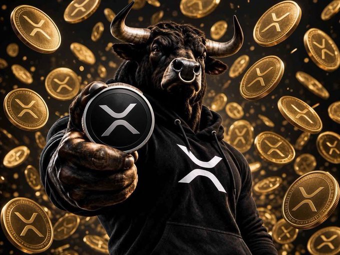 A digital artwork features a muscular bull wearing a black hoodie with the XRP logo, holding out an XRP coin against a backdrop of golden coins bearing the XRP symbol.
