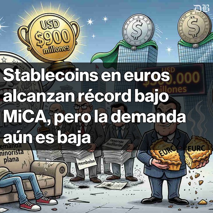 The image features a cartoon of a man holding up a pie, surrounded by stacks of money that seem to represent stablecoins. The scene depicts a discussion about the regulation of the stablecoin market, with various people present. The text in the image reads "Récord de stablecoins en euros bajo MiCA Cerca de USD $900 millones alcanzan las stablecoins en euros". This suggests that the cartoon is trying to convey the idea that stablecoins should be regulated at a lower price, as they have already been shown to rise in value. The presence of these symbols in the image adds visual interest and reinforces the message about regulation.