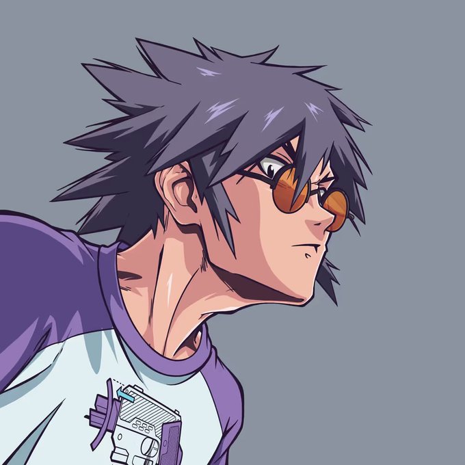 Anime-style illustration of a male character with spiky purple hair and orange-tinted sunglasses wearing a white and purple shirt.