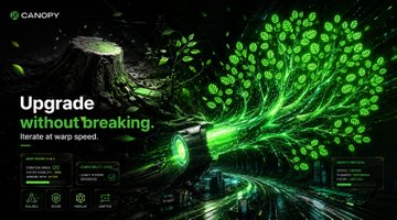 A promotional graphic with a green and black futuristic design featuring the text "Upgrade without breaking. Iterate at warp speed." alongside a character from the CANOPY brand.
