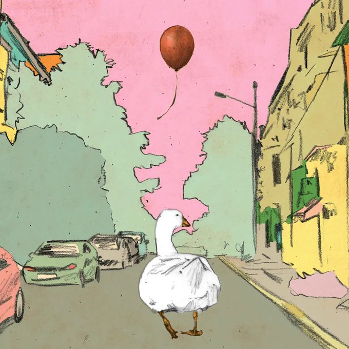 An illustration of a white goose standing on a street holding a balloon, with cars, trees, and buildings in the background under a pink sky.