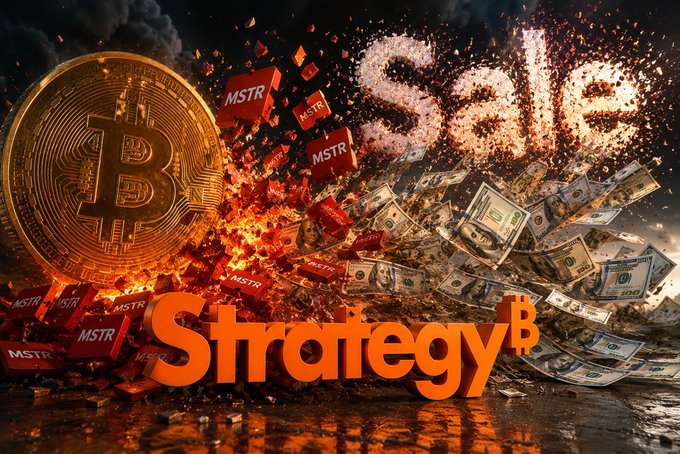A dramatic image featuring a large Bitcoin coin, 'MSTR' blocks exploding into flames and money, with the word 'Sale' and 'Strategy' displayed prominently in orange text.