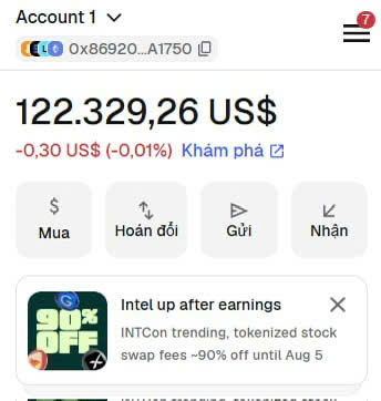 A cryptocurrency wallet interface showing an account balance of 122,329.26 US$ for wallet address 0x86920...A1750, with buttons for Buy (Mua), Swap (Hoán đổi), Send (Gửi), and Receive (Nhận).