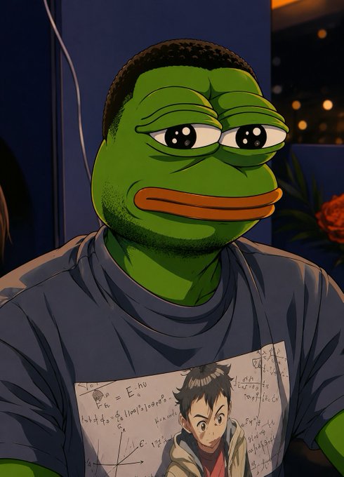 A digital illustration of a sad Pepe the Frog character wearing a grey t-shirt that features a portrait and mathematical equations.