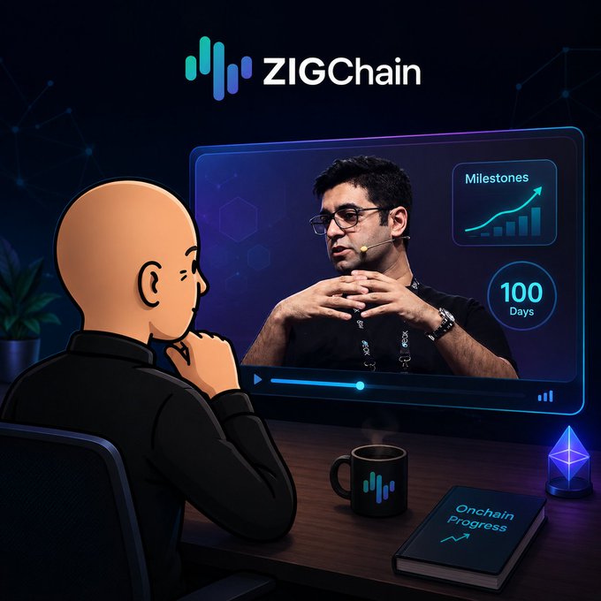 A digital illustration for 'ZIGChain' shows a cartoon figure watching a video of a man speaking, with a '100 Days' milestone graphic and a notebook labeled 'Onchain Progress.'