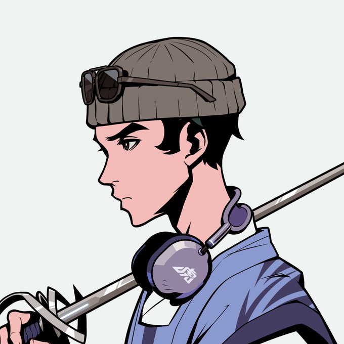 An anime-style illustration of a serious young man wearing a gray beanie with sunglasses on top and headphones around his neck, carrying a sword on his back.