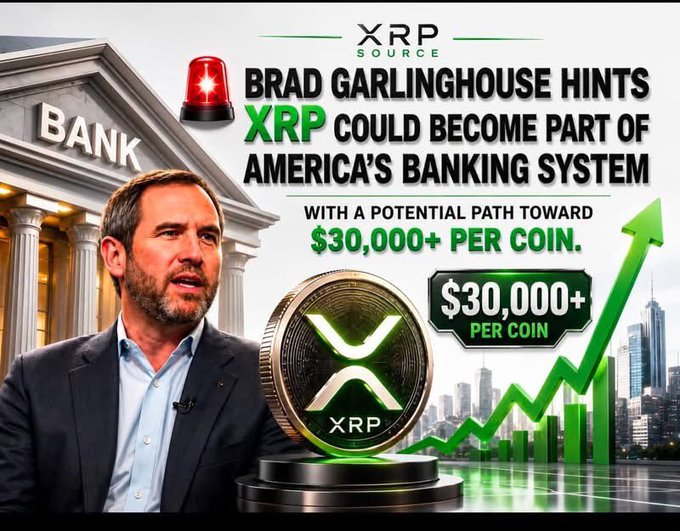 A thumbnail from XRP Source featuring Brad Garlinghouse with text claiming XRP could become part of America's banking system with a potential path toward $30,000+ per coin.