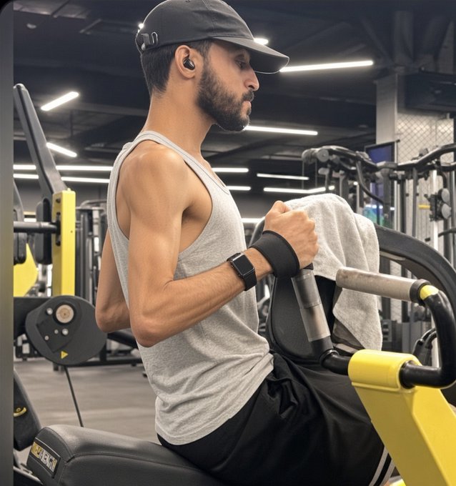 A muscular man in a gray tank top and black cap exercises at a gym, gripping handles on a weight machine while wearing earbuds and a smartwatch.
