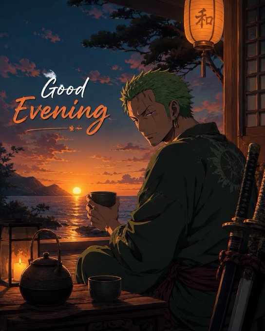 Anime-style artwork of a green-haired man in traditional Japanese attire holding a tea cup at sunset by the ocean, with a lantern and swords, and the text 'Good Evening' written on the image.