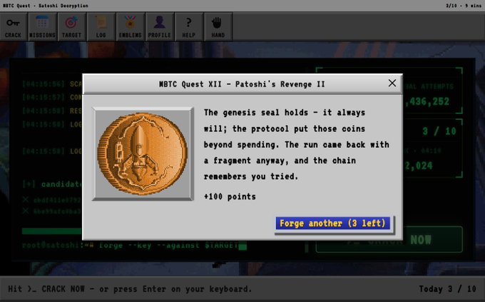 A screenshot from NBTC Quest (Natoshi Encryption) showing 'Patoshi's Revenge II' with a coin image, narrative text about a genesis seal, and a 'Forge another (3 left)' button awarding +100 points.