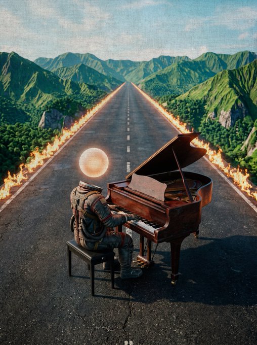 A surreal digital artwork shows an astronaut playing a grand piano on an empty road with flames lining the sides, set against green mountains and a blue sky.