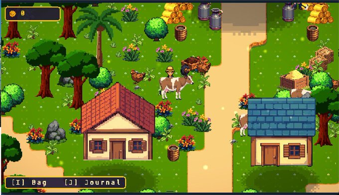 The image shows a cartoon village with two houses situated next to each other. A cow can be seen grazing near one of the houses, while another cow is located further away from both houses. The scene also features various elements such as trees, buildings, and a path leading towards the houses. The post about the game "Huge Update Incoming" suggests that there might be new content or improvements in the game, which could include more professions for players to explore, enhanced gameplay systems, and additional opportunities for players to earn rewards through farming, fishing, mining, crafting, and other activities within the village setting.