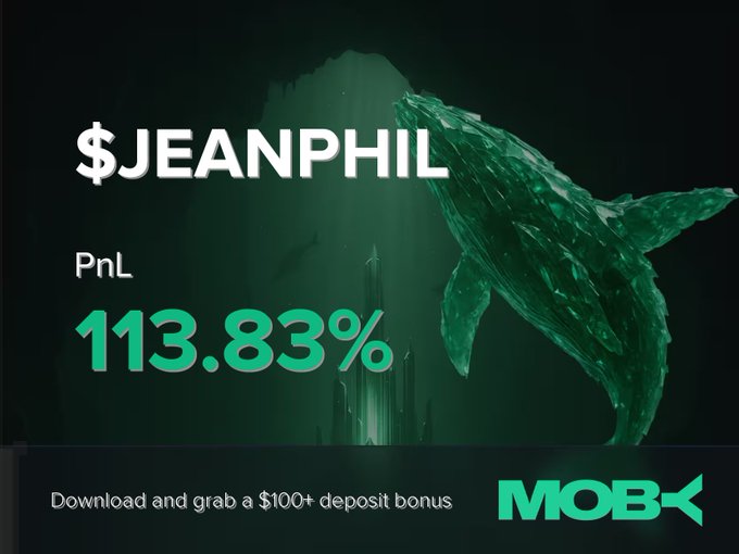 A dark Moby advertisement displays a glowing green whale graphic alongside "$JEANPHIL" and a "PnL 113.83%" callout, celebrating the trader's 113.83% profit on the JEANPHIL position as referenced in the win alert post.