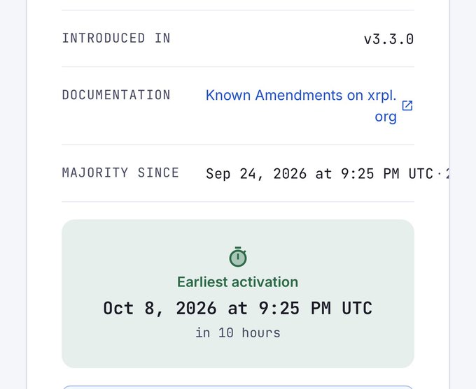 A screenshot showing amendment details for version v3.3.0, including documentation link to xrpl.org, majority since Sep 24, 2026, and earliest activation set for Oct 8, 2026.
