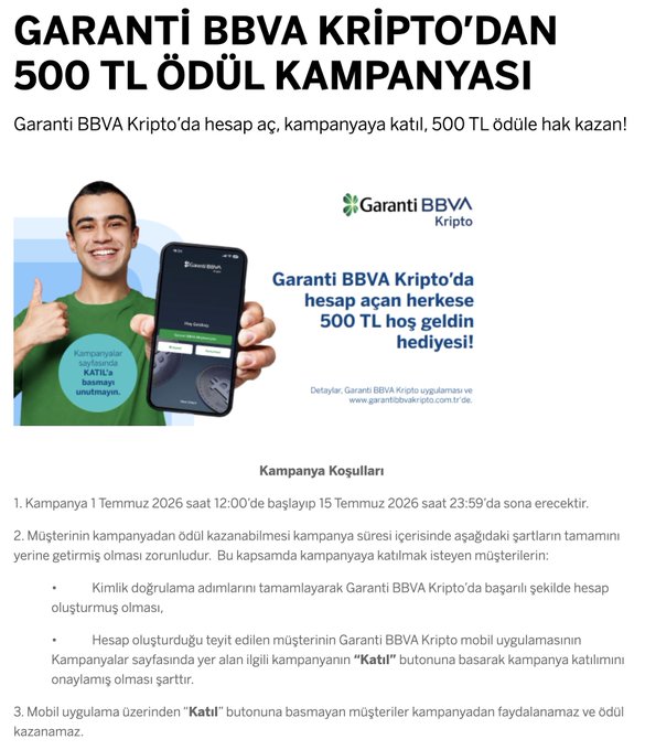 Promotional image for Garanti BBVA Kripto's 500 TL reward campaign, showing a smiling man holding a smartphone displaying the app alongside the Garanti BBVA Kripto logo, with campaign details (July 1-15, 2026) and requirements for eligibility listed below.