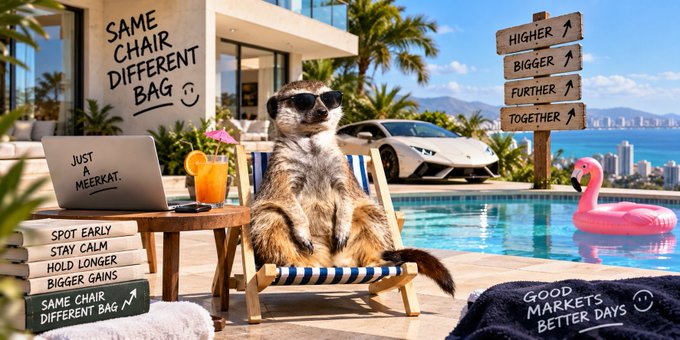A whimsical scene of a meerkat wearing sunglasses lounging on a pool chair with a laptop labeled 'JUST A MEERKAT.', surrounded by humorous signs reading 'SAME CHAIR DIFFERENT BAG', 'HIGHER BIGGER FURTHER TOGETHER', and 'GOOD MARKETS BETTER DAYS'.