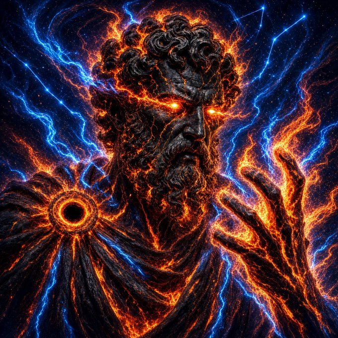 A dramatic digital artwork of a bearded figure made of stone and fire with glowing orange eyes, surrounded by blue lightning and a starry background.